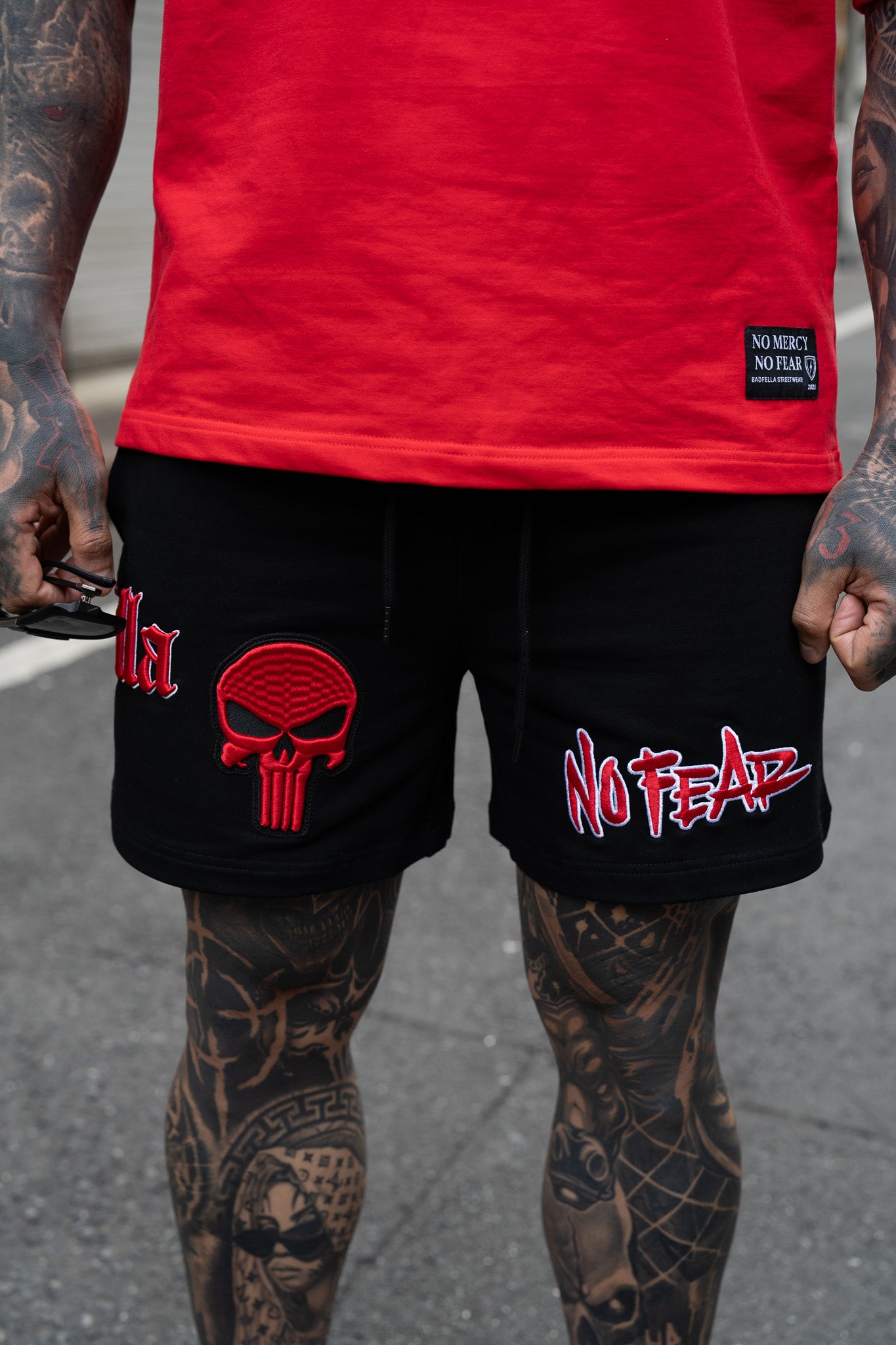 3D embroidered Badfella gothic lettering black shorts close-up premium streetwear