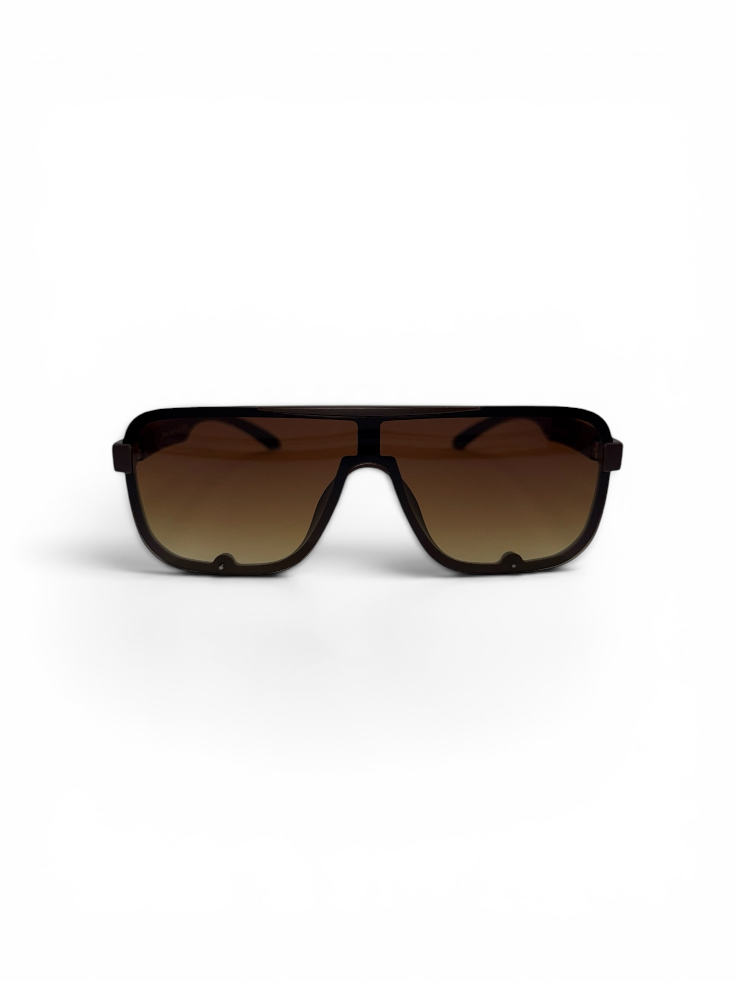 Sunglasses with a black frame and gradient brown lenses on a white background
