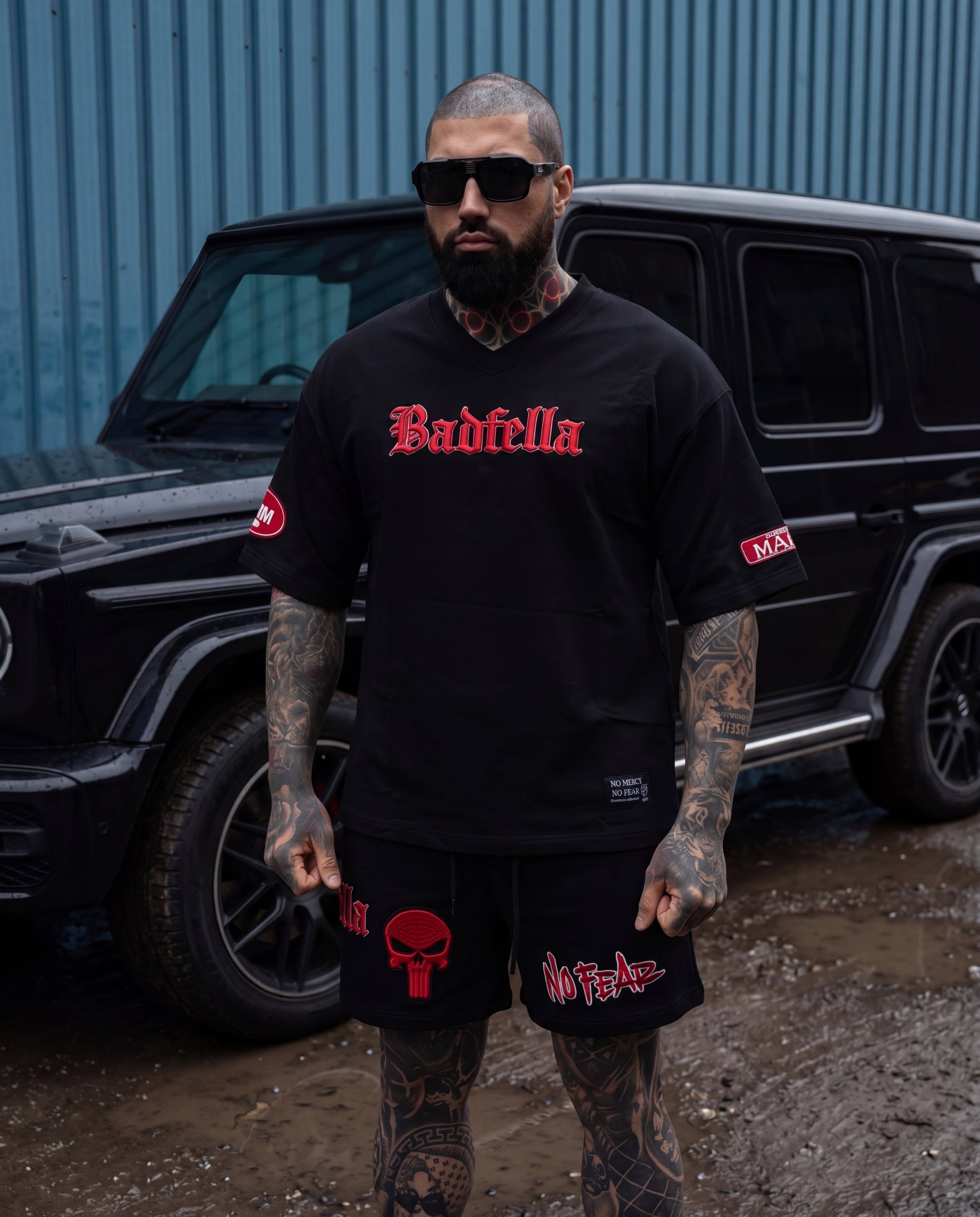 Black Badfella heavyweight streetwear t-shirt with red embroidered chest logo